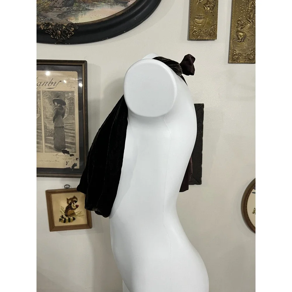 Vintage Dark Brown Velvet Infinity Scarf with Satin Bow Accent